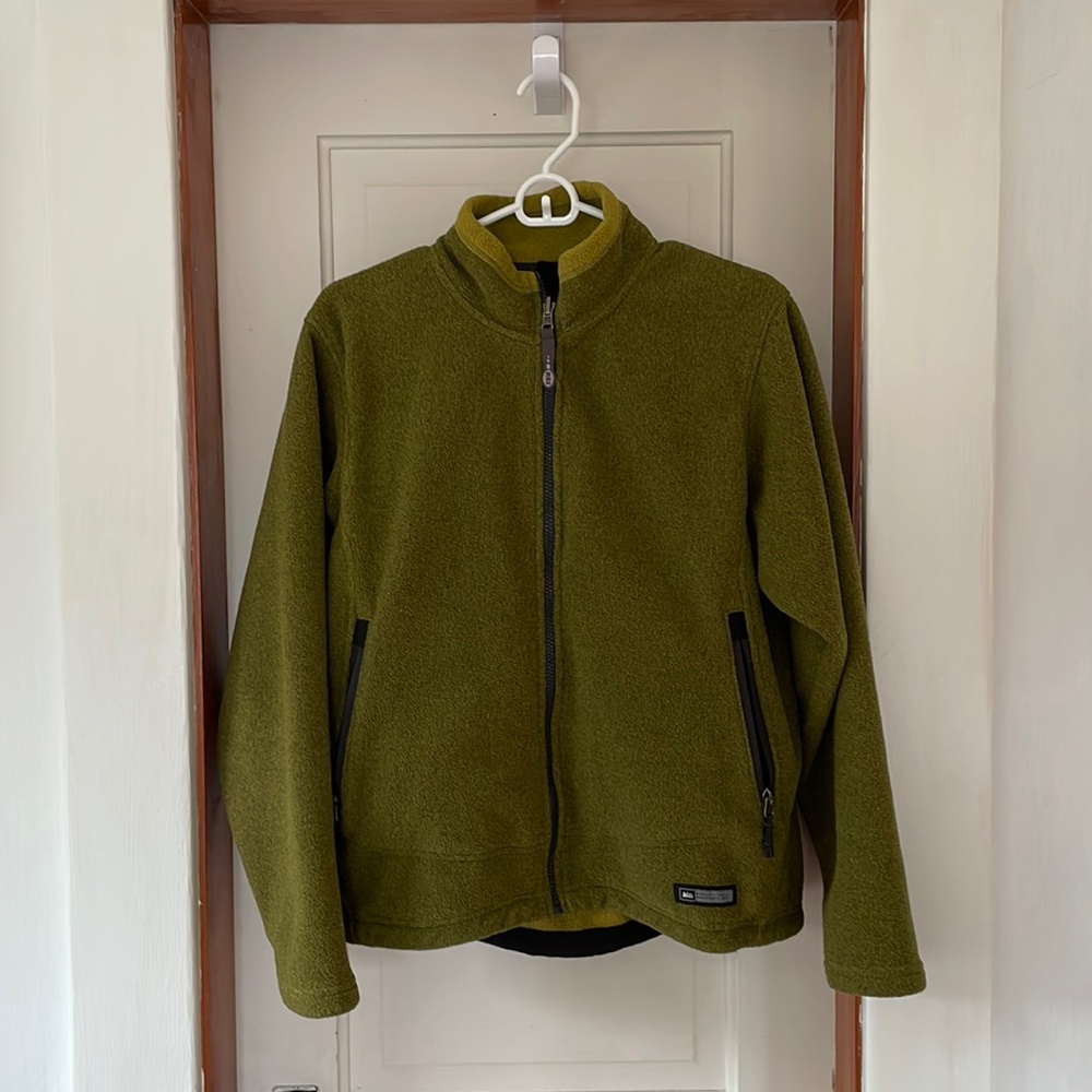 REI women’s fleece jacket, olive green